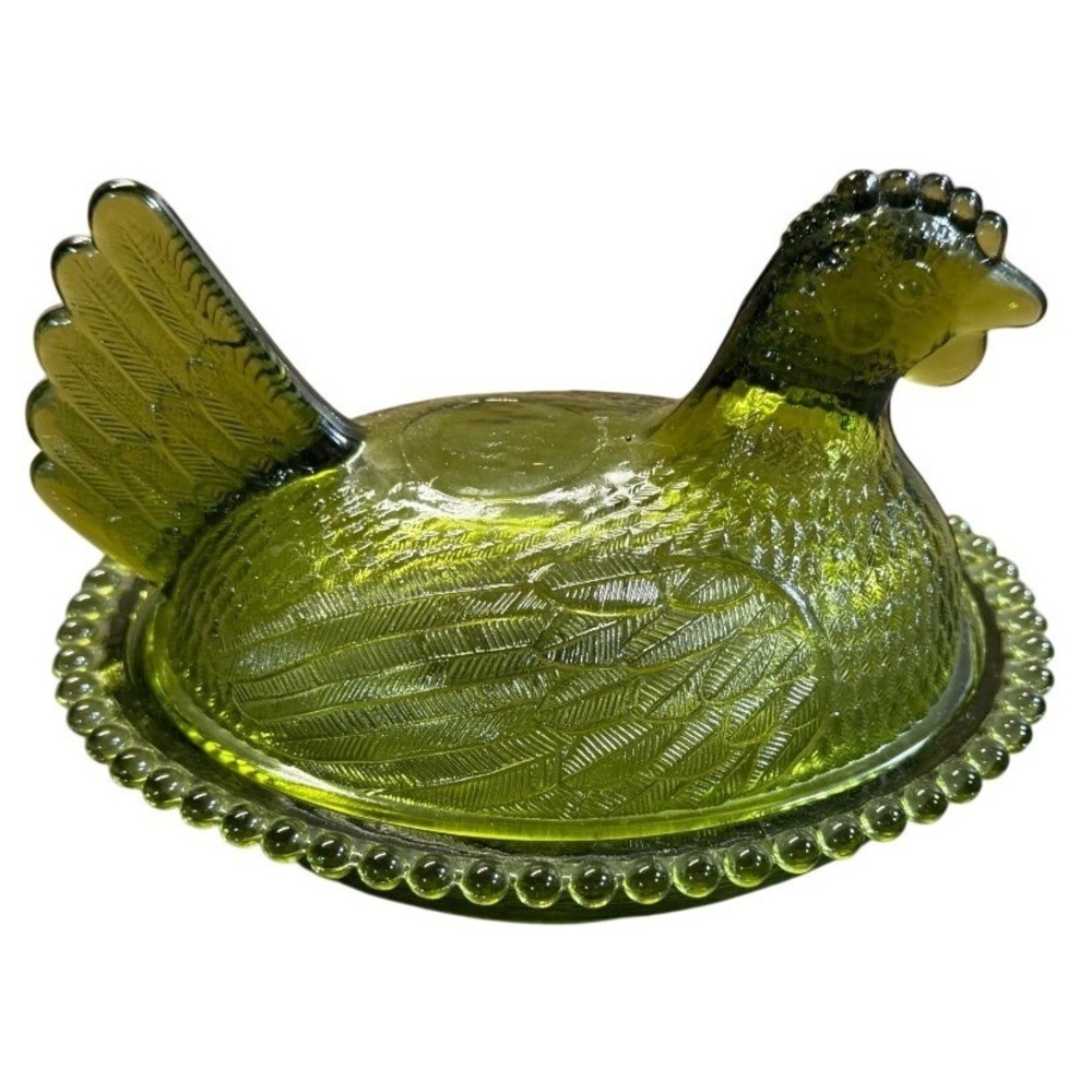 Indiana Glass Vintage Olive Green Hen On Nest Nice!